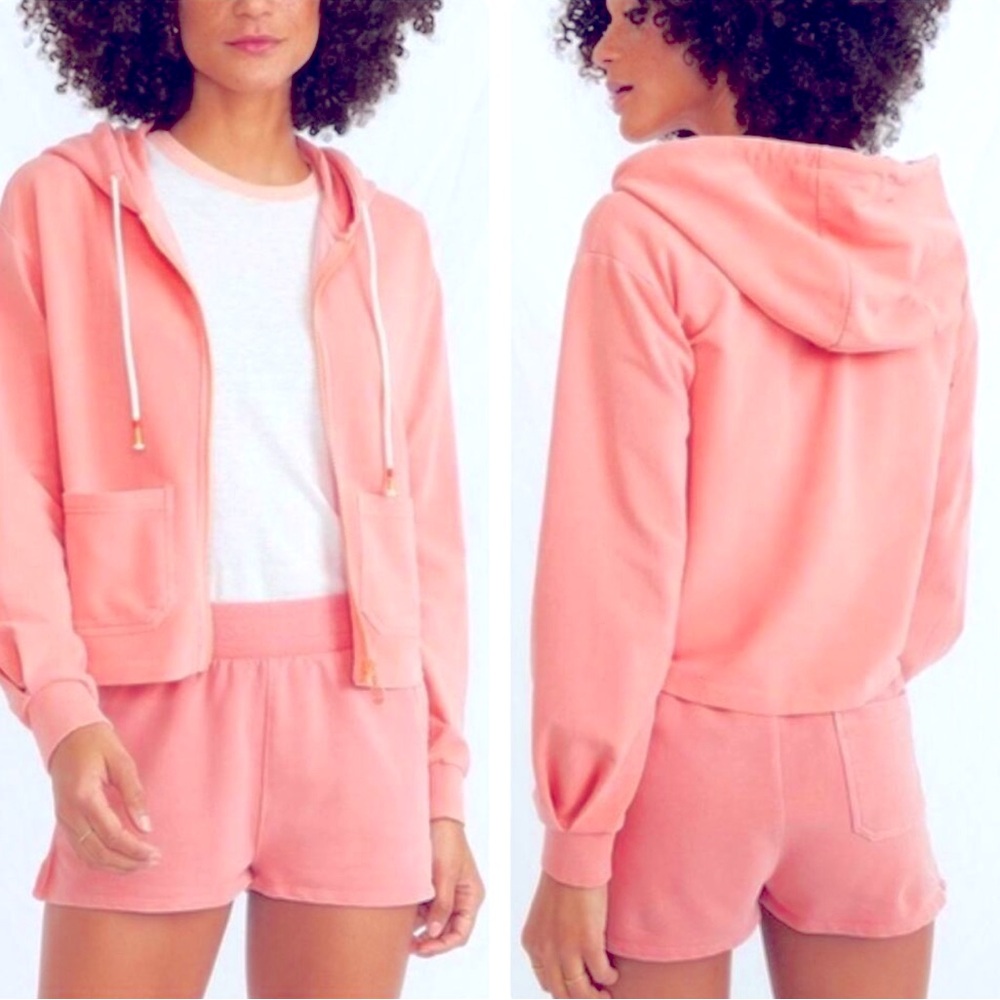 MARINE LAYER Peyton Zip Up Crop Hooded Sweatshirt Hoodie Peach Pink Size Medium